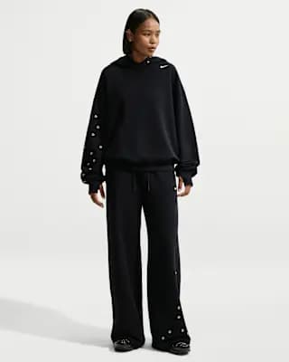 Nike Studio Fleece Medium Weight Women's Oversized Pullover Hoodie Total Black/Sail [Body/Hood Lining: 80% cotton/20% polyester, Machine wash, XS (0–2)-XXL (20–22)]