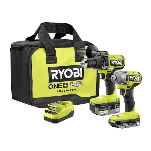 RYOBI 18V ONE+ HP BRUSHLESS CORDLESS 2-TOOL HAMMER DRILL / DRIVER, IMPACT DRIVER, 4.0 Ah, 2.0 Ah BATTERY, CHARGER, AND BAG [Torque Up to 850 in-lbs., RPM 0 - 700 / 0 - 2,150, Chuck