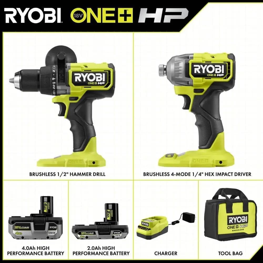 RYOBI 18V ONE+ HP BRUSHLESS CORDLESS 2-TOOL HAMMER DRILL / DRIVER, IMPACT DRIVER, 4.0 Ah, 2.0 Ah BATTERY, CHARGER, AND BAG [Torque Up to 850 in-lbs., RPM 0 - 700 / 0 - 2,150, Chuck