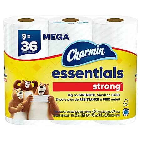 Charmin Essentials Strong Mega 2-Ply Toilet Paper Rolls, 4" x 4-1/2", White, 429 Sheets Per Roll, Pack Of 9 Rolls [size class Mega, total number of sheets 3861, color White, number
