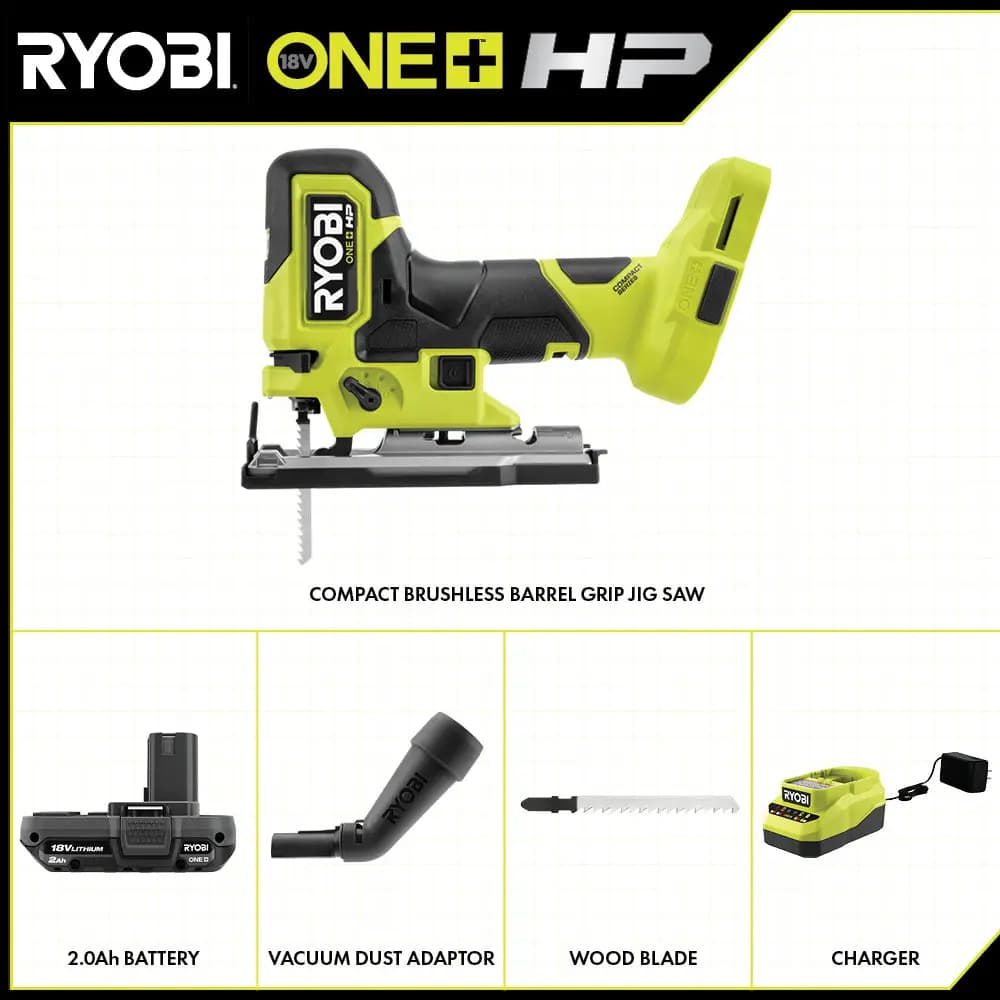 RYOBI 18V ONE+ HP Compact Brushless Barrel Grip Jig Saw Kit [Voltage 18V, Capacity 2Ah, Fuel Gauge Integrated LEDs]