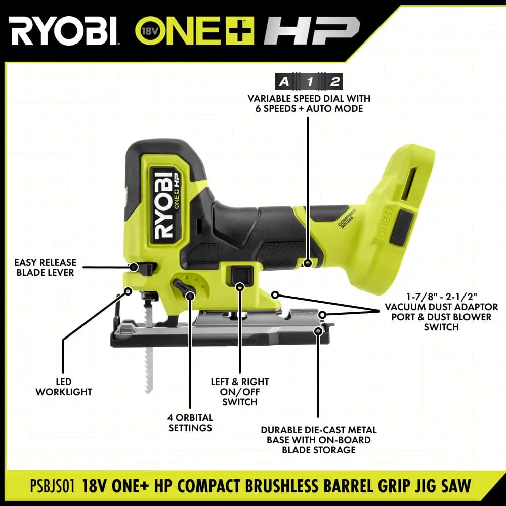 RYOBI 18V ONE+ HP Compact Brushless Barrel Grip Jig Saw Kit [Voltage 18V, Capacity 2Ah, Fuel Gauge Integrated LEDs]