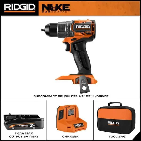RIDGID 18V NUKE SubCompact Brushless Cordless 1/2 in. Drill/Driver Kit with 2Ah MAX Output Battery & Charger, RNKSDD01K1 [Battery Amp Hours: 2 Ah, Battery Power Type: Lithium Ion, 