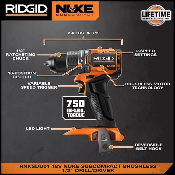 RIDGID 18V NUKE SubCompact Brushless Cordless 1/2 in. Drill/Driver Kit with 2Ah MAX Output Battery & Charger, RNKSDD01K1 [Battery Amp Hours: 2 Ah, Battery Power Type: Lithium Ion, 