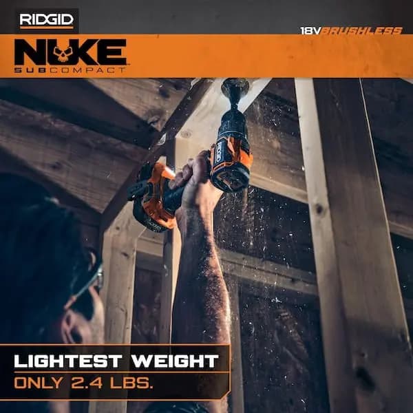 RIDGID 18V NUKE SubCompact Brushless Cordless 1/2 in. Drill/Driver Kit with 2Ah MAX Output Battery & Charger, RNKSDD01K1 [Battery Amp Hours: 2 Ah, Battery Power Type: Lithium Ion, 