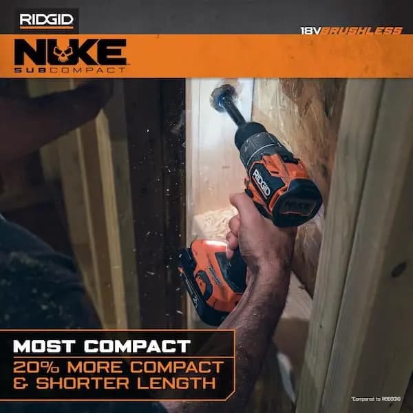 RIDGID 18V NUKE SubCompact Brushless Cordless 1/2 in. Drill/Driver Kit with 2Ah MAX Output Battery & Charger, RNKSDD01K1 [Battery Amp Hours: 2 Ah, Battery Power Type: Lithium Ion, 