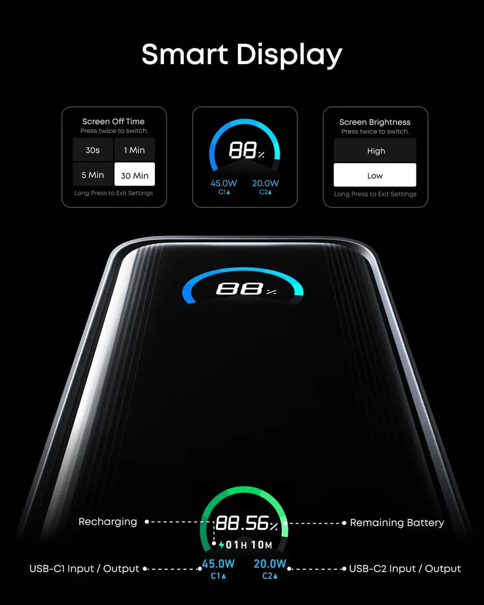 Anker Prime Power Bank (9.6K, 65W, Fusion) [9,600mAh (3 × 3,200mAh), 100V-240V~, 50-60Hz, 2.0A, 65W Max]