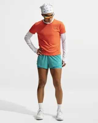 Nike Swift Women's Dri-FIT Mid-Rise 2-in-1 Running Shorts Energy/Energy [Energy/Energy, Reflective Swoosh logo on left thigh, Reflective graphics on outer thighs]