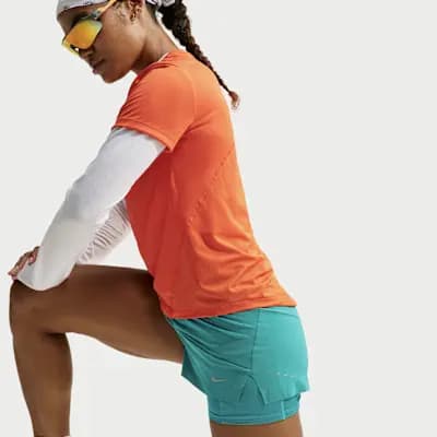Nike Swift Women's Dri-FIT Mid-Rise 2-in-1 Running Shorts Energy/Energy [Energy/Energy, Reflective Swoosh logo on left thigh, Reflective graphics on outer thighs]