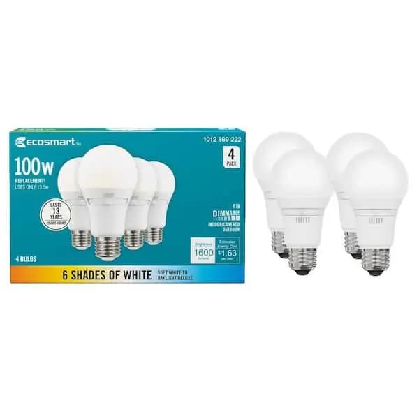 EcoSmart Universal Select 100-Watt Equivalent A19 Dimmable LED Light Bulb with Selectable Color Temperature (4-Pack), 15A19100W6CCT01 [Actual Color Temperature (K): 2700,3000,3500,