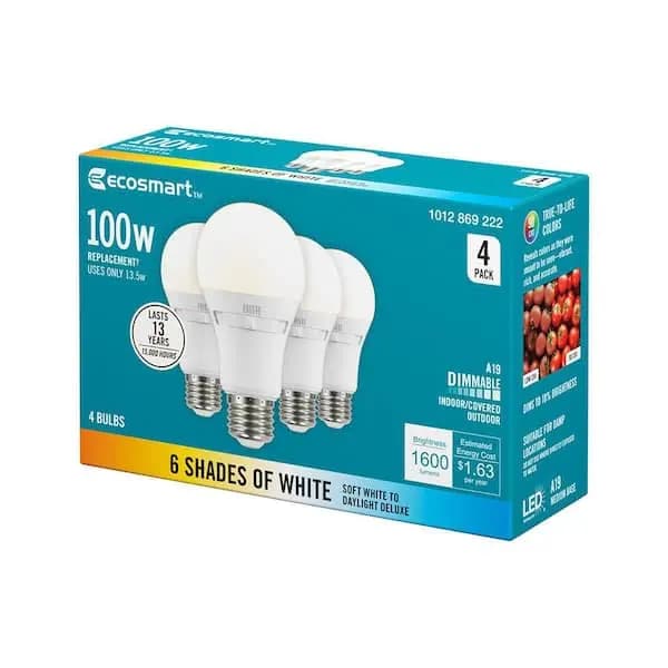 EcoSmart Universal Select 100-Watt Equivalent A19 Dimmable LED Light Bulb with Selectable Color Temperature (4-Pack), 15A19100W6CCT01 [Actual Color Temperature (K): 2700,3000,3500,