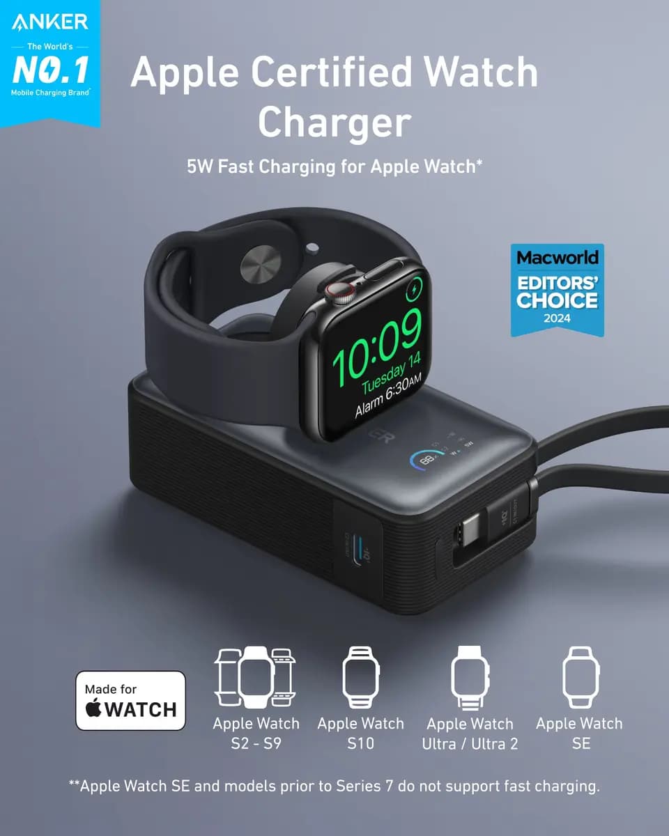 Anker MagGo Power Bank (10K, 35W, For Apple Watch) [10,000mAh, 5,000mAh, 7.4VDC / 37Wh (Two Cells in Series), 35W Max]