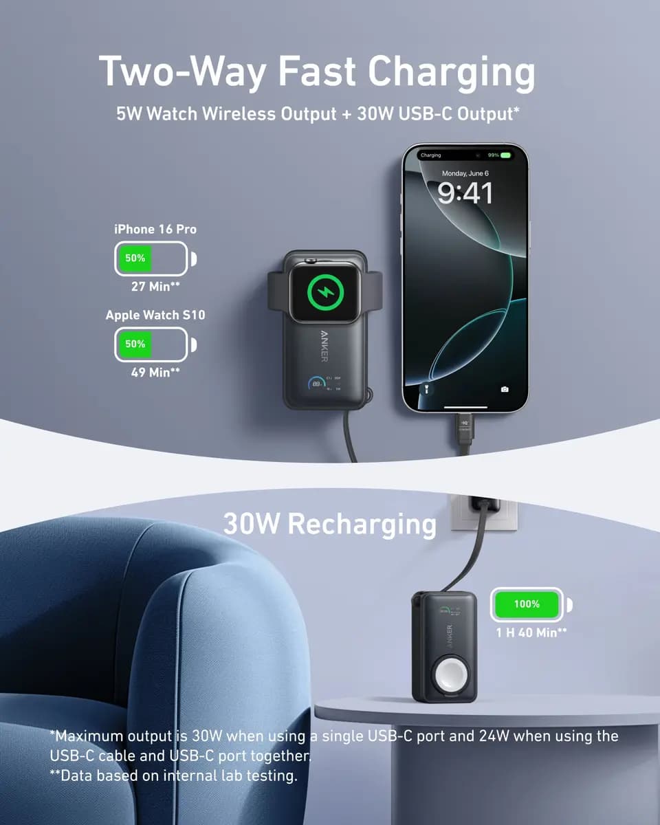Anker MagGo Power Bank (10K, 35W, For Apple Watch) [10,000mAh, 5,000mAh, 7.4VDC / 37Wh (Two Cells in Series), 35W Max]