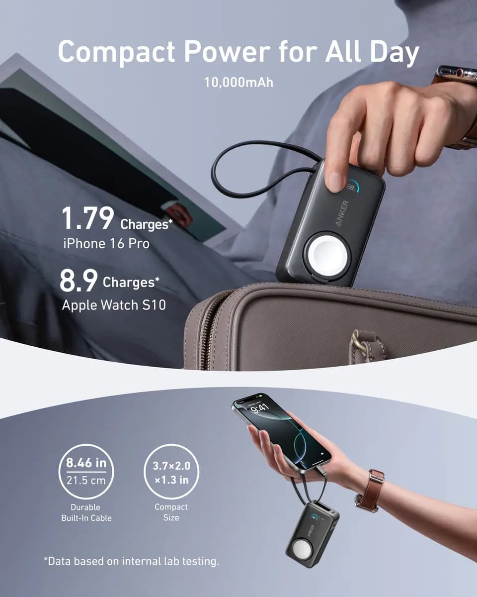 Anker MagGo Power Bank (10K, 35W, For Apple Watch) [10,000mAh, 5,000mAh, 7.4VDC / 37Wh (Two Cells in Series), 35W Max]