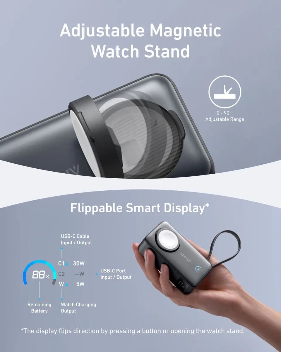 Anker MagGo Power Bank (10K, 35W, For Apple Watch) [10,000mAh, 5,000mAh, 7.4VDC / 37Wh (Two Cells in Series), 35W Max]