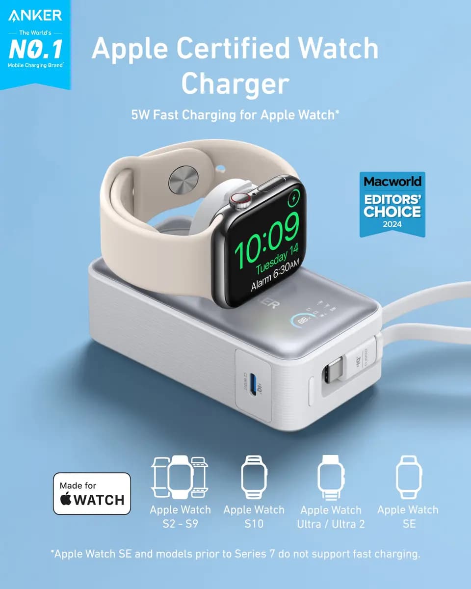 Anker MagGo Power Bank (10K, 35W, For Apple Watch) [10,000mAh, 5,000mAh, 7.4VDC / 37Wh (Two Cells in Series), 35W Max]
