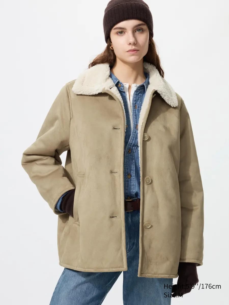 Uniqlo Faux Shearling Short Coat Beige [Face: 100% Polyester/ Back: 100% Polyester, Imported, Hand wash cold, Do not dry clean]