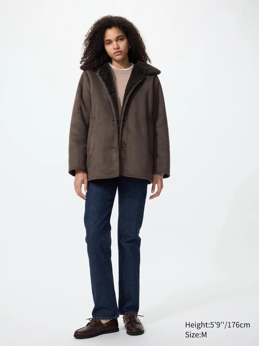 Uniqlo Faux Shearling Short Coat Beige [Face: 100% Polyester/ Back: 100% Polyester, Imported, Hand wash cold, Do not dry clean]