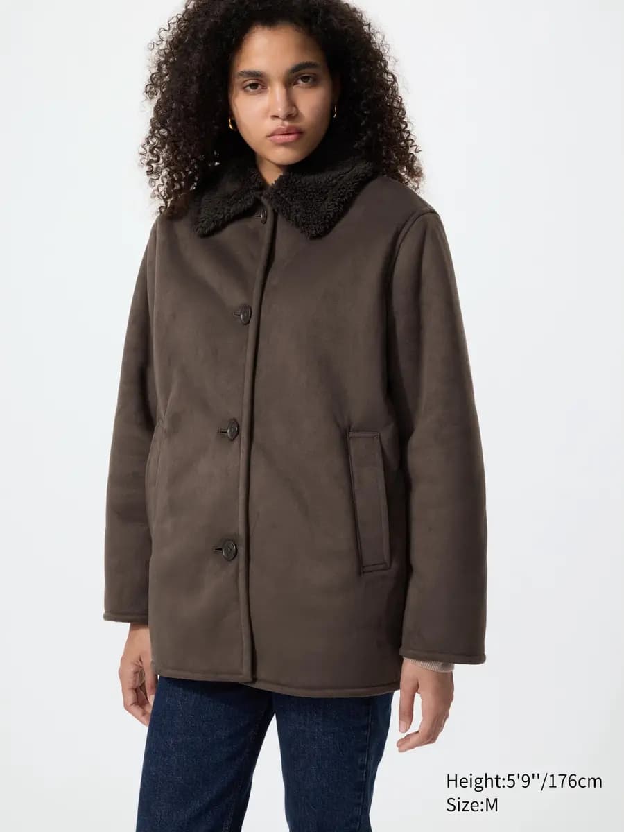 Uniqlo Faux Shearling Short Coat Beige [Face: 100% Polyester/ Back: 100% Polyester, Imported, Hand wash cold, Do not dry clean]