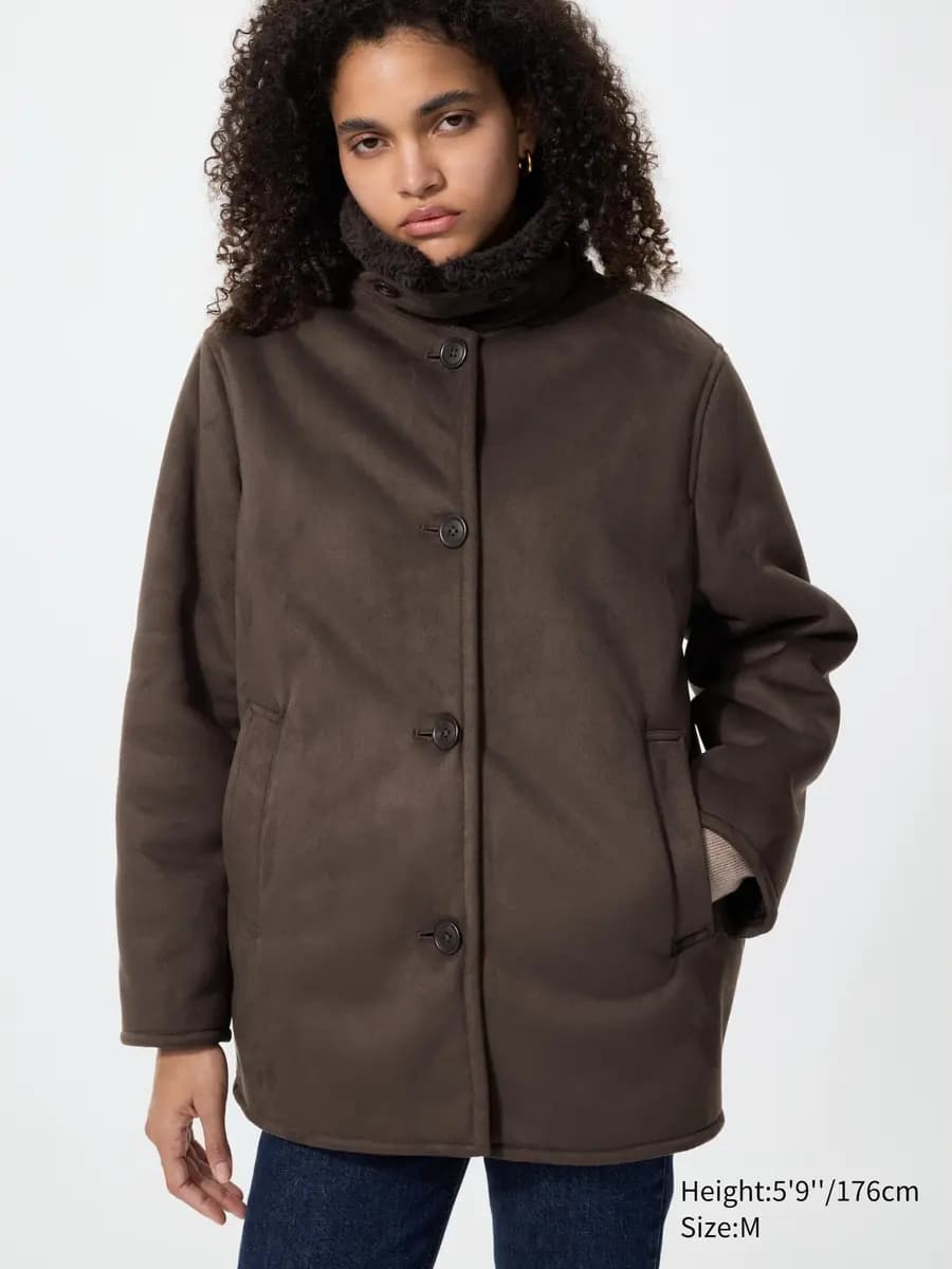 Uniqlo Faux Shearling Short Coat Beige [Face: 100% Polyester/ Back: 100% Polyester, Imported, Hand wash cold, Do not dry clean]
