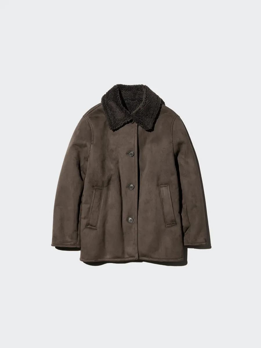 Uniqlo Faux Shearling Short Coat Beige [Face: 100% Polyester/ Back: 100% Polyester, Imported, Hand wash cold, Do not dry clean]