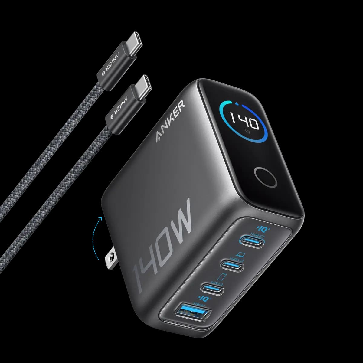 Anker Charger (140W, 4-Port, PD 3.1) with USB-C Cable [140W Max, 100-240V~, 50 / 60Hz, 2.6A Max, One Port in Use]