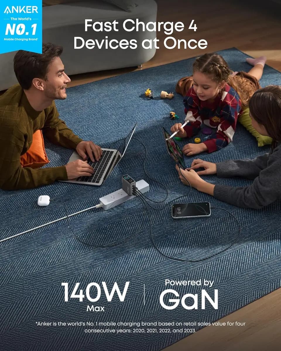 Anker Charger (140W, 4-Port, PD 3.1) with USB-C Cable [140W Max, 100-240V~, 50 / 60Hz, 2.6A Max, One Port in Use]