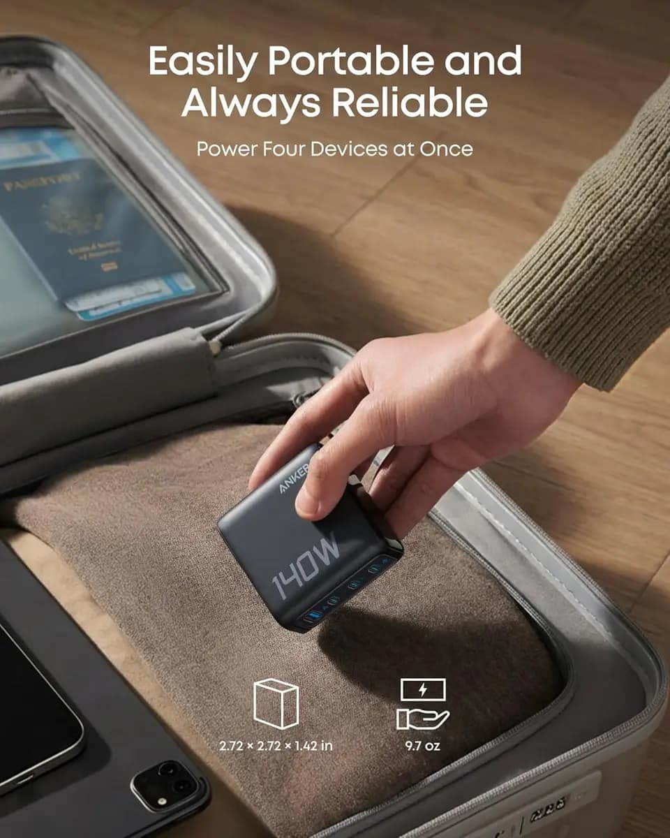 Anker Charger (140W, 4-Port, PD 3.1) with USB-C Cable [140W Max, 100-240V~, 50 / 60Hz, 2.6A Max, One Port in Use]