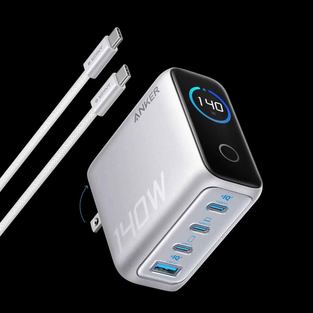 Anker Charger (140W, 4-Port, PD 3.1) with USB-C Cable [140W Max, 100-240V~, 50 / 60Hz, 2.6A Max, One Port in Use]
