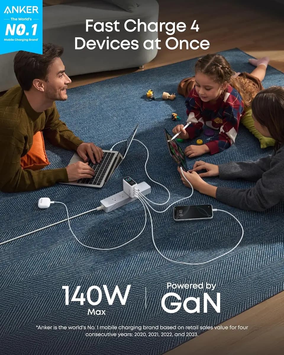 Anker Charger (140W, 4-Port, PD 3.1) with USB-C Cable [140W Max, 100-240V~, 50 / 60Hz, 2.6A Max, One Port in Use]
