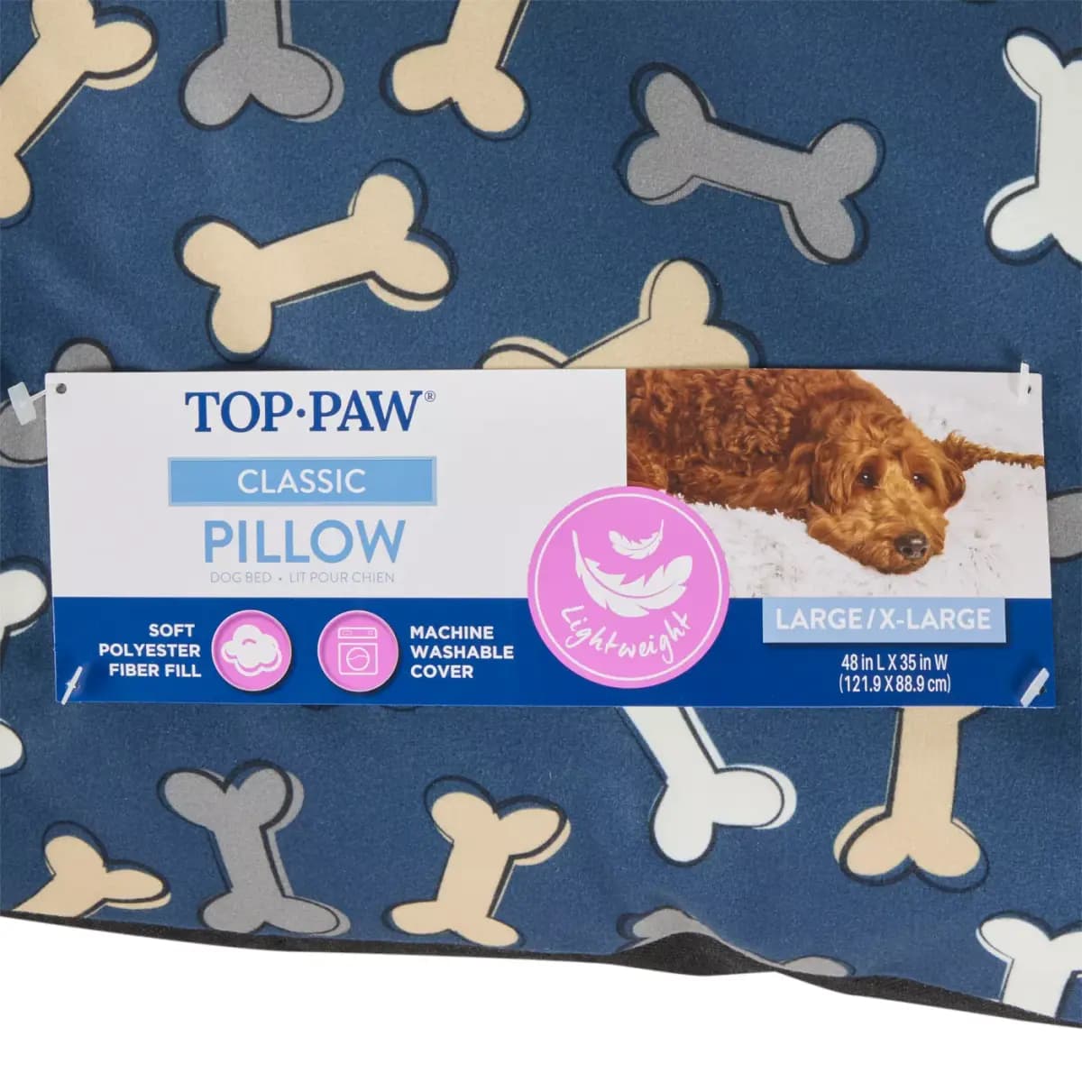 Top Paw Navy Bone Print Pillow Bed, Small/Medium, Large/X Large [Brand Top Paw®, Includes 1 Bed, Intended For Dogs, Material Top: Random Printed 150gsm Comfort Plush]