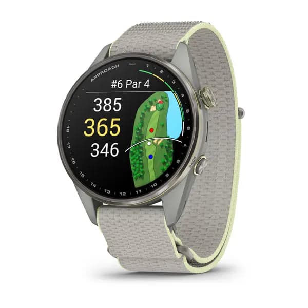 Garmin Approach S72 Silver/Citron Titanium Bezel with Fog Gray/Citron ComfortFit Fabric Band [AMOLED (optional always-on mode), 5 ATM, 1.4" (35.41 mm) diameter]