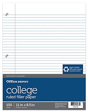 Office Depot® Brand College-Ruled Notebook Filler Paper, 3-Hole Punched, 11" x 8 1/2", 100 Sheets [sheet size Letter (8-1/2" x 11"), Color (Paper) White, Color (Ink) Blue, Number o
