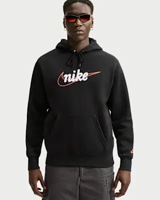 Nike Sportswear Club Men's Fleece Hoodie Black/Black/Safety Orange [Body: 80% cotton/20% polyester. Hood lining: 80% cotton/20% polyester., Machine wash, XS-4XL Tall]
