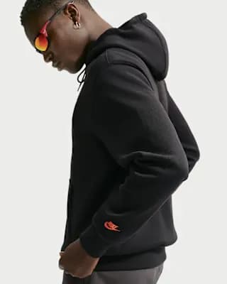 Nike Sportswear Club Men's Fleece Hoodie Black/Black/Safety Orange [Body: 80% cotton/20% polyester. Hood lining: 80% cotton/20% polyester., Machine wash, XS-4XL Tall]