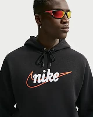Nike Sportswear Club Men's Fleece Hoodie Black/Black/Safety Orange [Body: 80% cotton/20% polyester. Hood lining: 80% cotton/20% polyester., Machine wash, XS-4XL Tall]