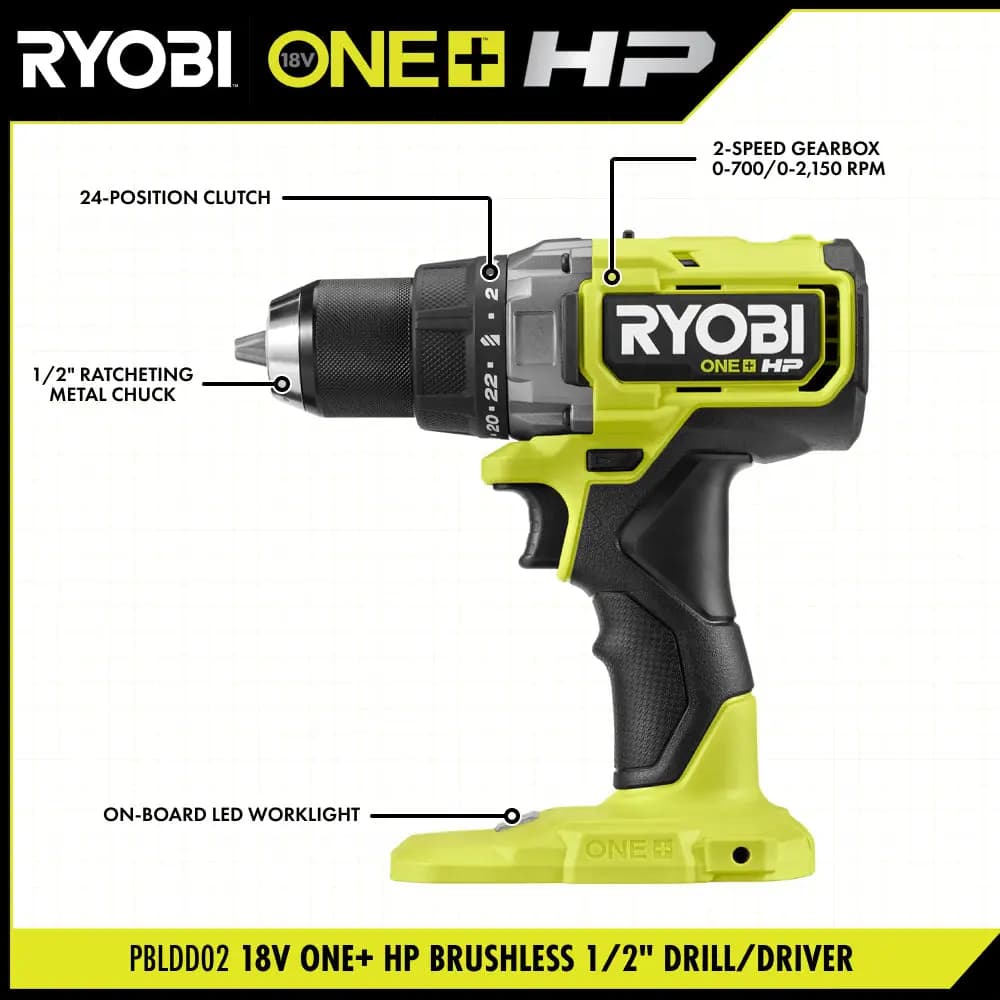 RYOBI 18V ONE+ HP Brushless 1/2" Drill/Driver [Clutch 24-Position, Chuck 1/2", Torque Up to 850 in-lbs.]