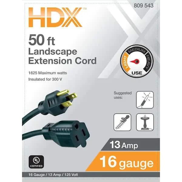 HDX 50 ft. 16/3 Light Duty Indoor/Outdoor Landscape Extension Cord, Green, HD#809-543 [Cord Color: Green, Cord Length (ft.): 50 ft, Features: No Additional Features]