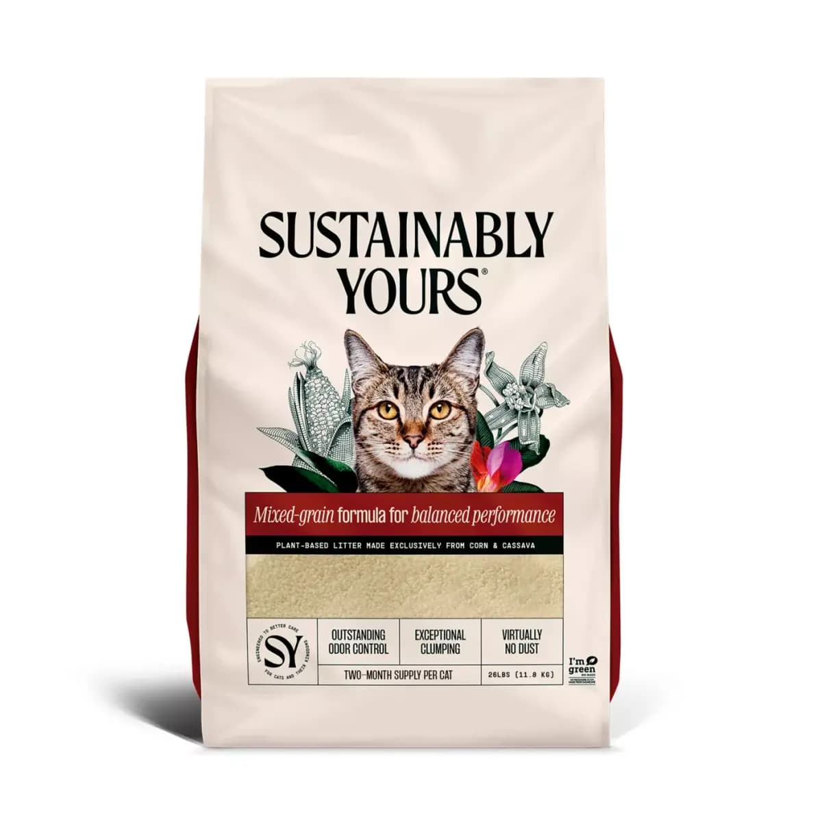 Sustainably Yours Mixed Grain Formula Corn & Cassava Unscented Cat Litter - Clumping, Low Dust [Species Cat, Brand Sustainably Yours, Weight 26 lb, Ingredients Corn and Cassava]