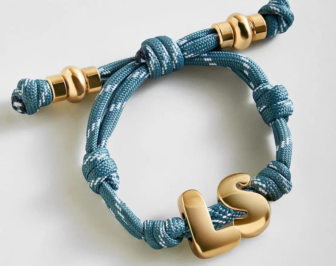 BaubleBar Knotty Initial Custom Bracelet - Dusty Blue Double Letters Gold [Adjustable pull-tie so you can get a perfect fit, Personalized with the capital letter of yo, Choose from