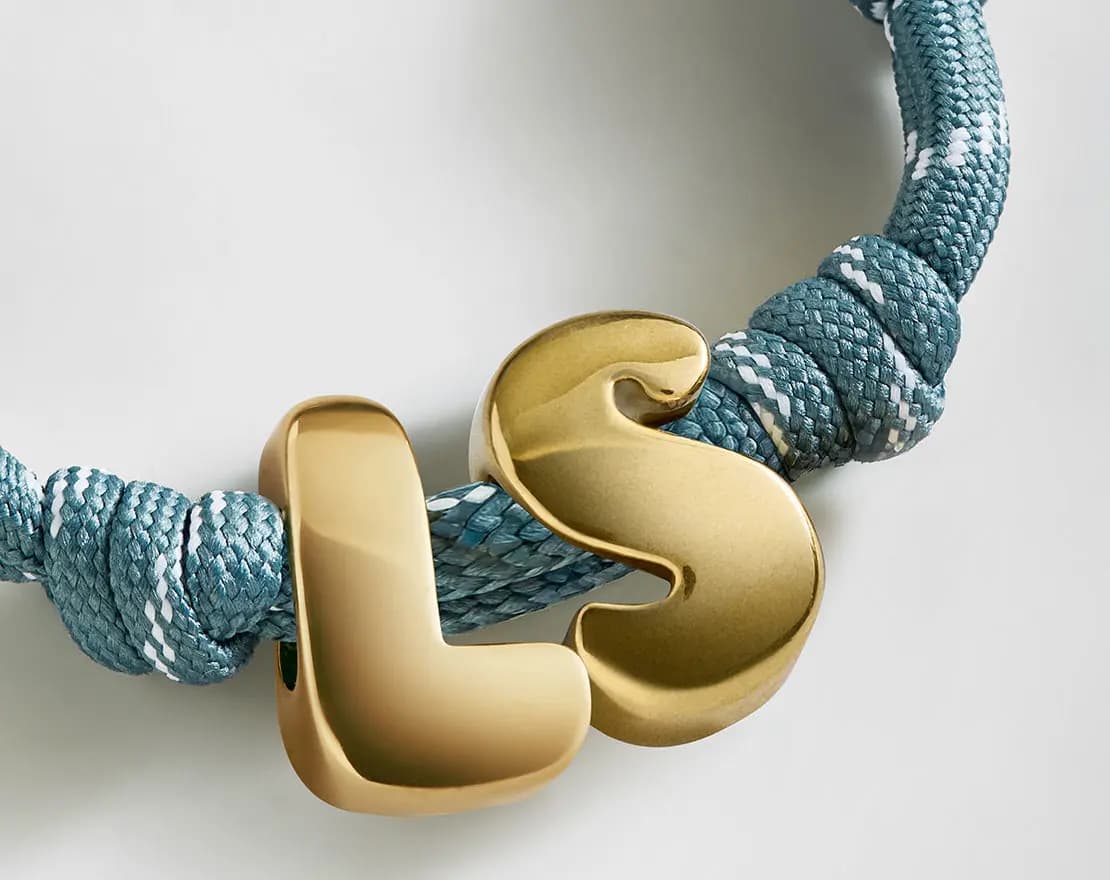 BaubleBar Knotty Initial Custom Bracelet - Dusty Blue Double Letters Gold [Adjustable pull-tie so you can get a perfect fit, Personalized with the capital letter of yo, Choose from