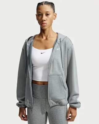 Nike Studio Fleece Sport Women's Dri-FIT Full-Zip Hoodie Smoke Grey/Heather/White [78% polyester/16% rayon/6% spandex, Machine wash, XXS (00)-XXL (20–22)]