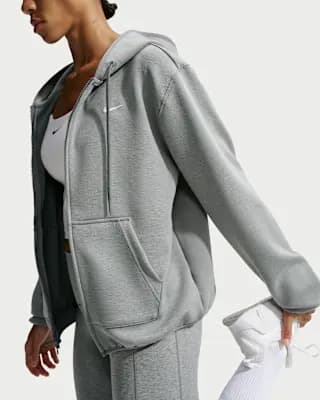 Nike Studio Fleece Sport Women's Dri-FIT Full-Zip Hoodie Smoke Grey/Heather/White [78% polyester/16% rayon/6% spandex, Machine wash, XXS (00)-XXL (20–22)]