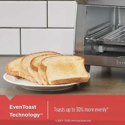 BLACK+DECKER 4-Slice Toaster Oven, TO1745SSG, Even Toast, 4 Cooking Functions Bake, Broil, Toast and Keep Warm, Removable Crumb Tray, Timer [4 ounces, Stainless Steel, 1150 watts]