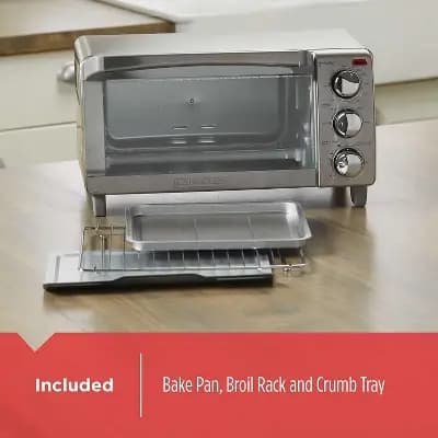 BLACK+DECKER 4-Slice Toaster Oven, TO1745SSG, Even Toast, 4 Cooking Functions Bake, Broil, Toast and Keep Warm, Removable Crumb Tray, Timer [4 ounces, Stainless Steel, 1150 watts]