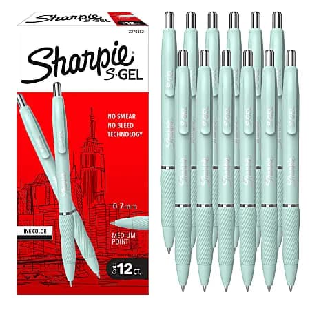 Sharpie S-Gel, Gel Pens, Medium Point (0.7mm), Ocean Fog Barrel, Black Ink, 12 Count [Color (Ink) Black, Color (Barrel) Ocean Fog, point type Medium, visible ink supply No]