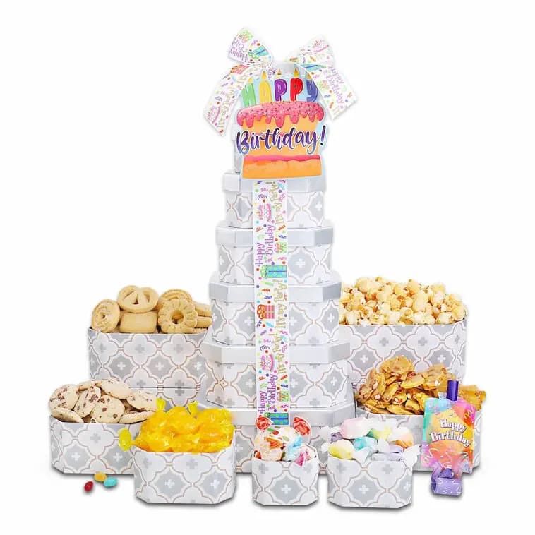 Happy Birthday Gift Tower of Treats [22.5x7.5x5.25, Paperboard, Contains: Wheat, Milk, Nuts, Soy, Pe, 734038081259]