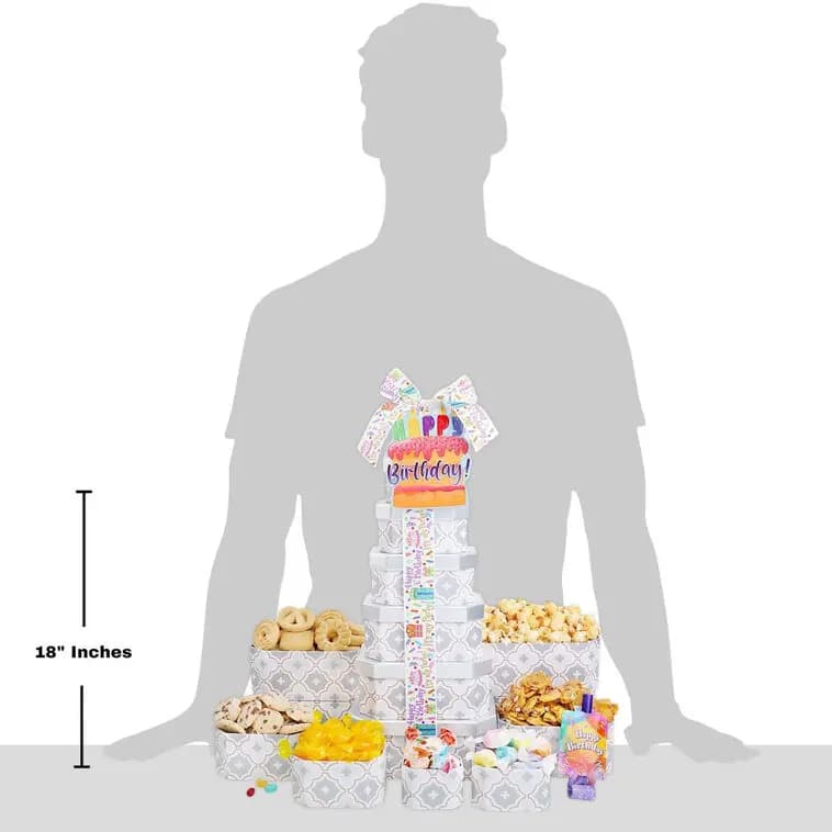 Happy Birthday Gift Tower of Treats [22.5x7.5x5.25, Paperboard, Contains: Wheat, Milk, Nuts, Soy, Pe, 734038081259]