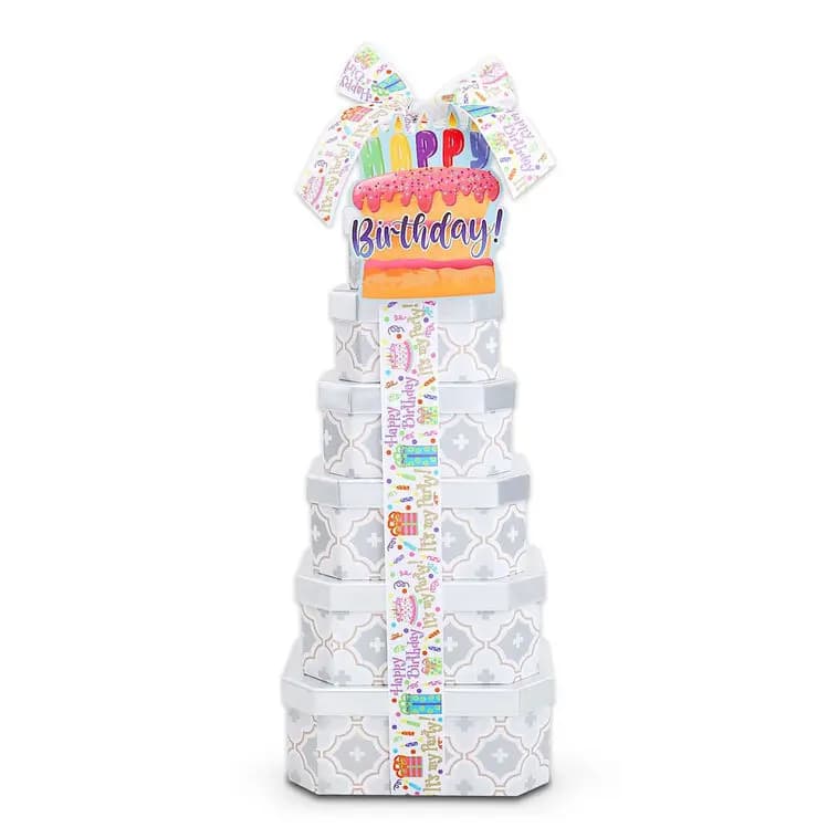 Happy Birthday Gift Tower of Treats [22.5x7.5x5.25, Paperboard, Contains: Wheat, Milk, Nuts, Soy, Pe, 734038081259]
