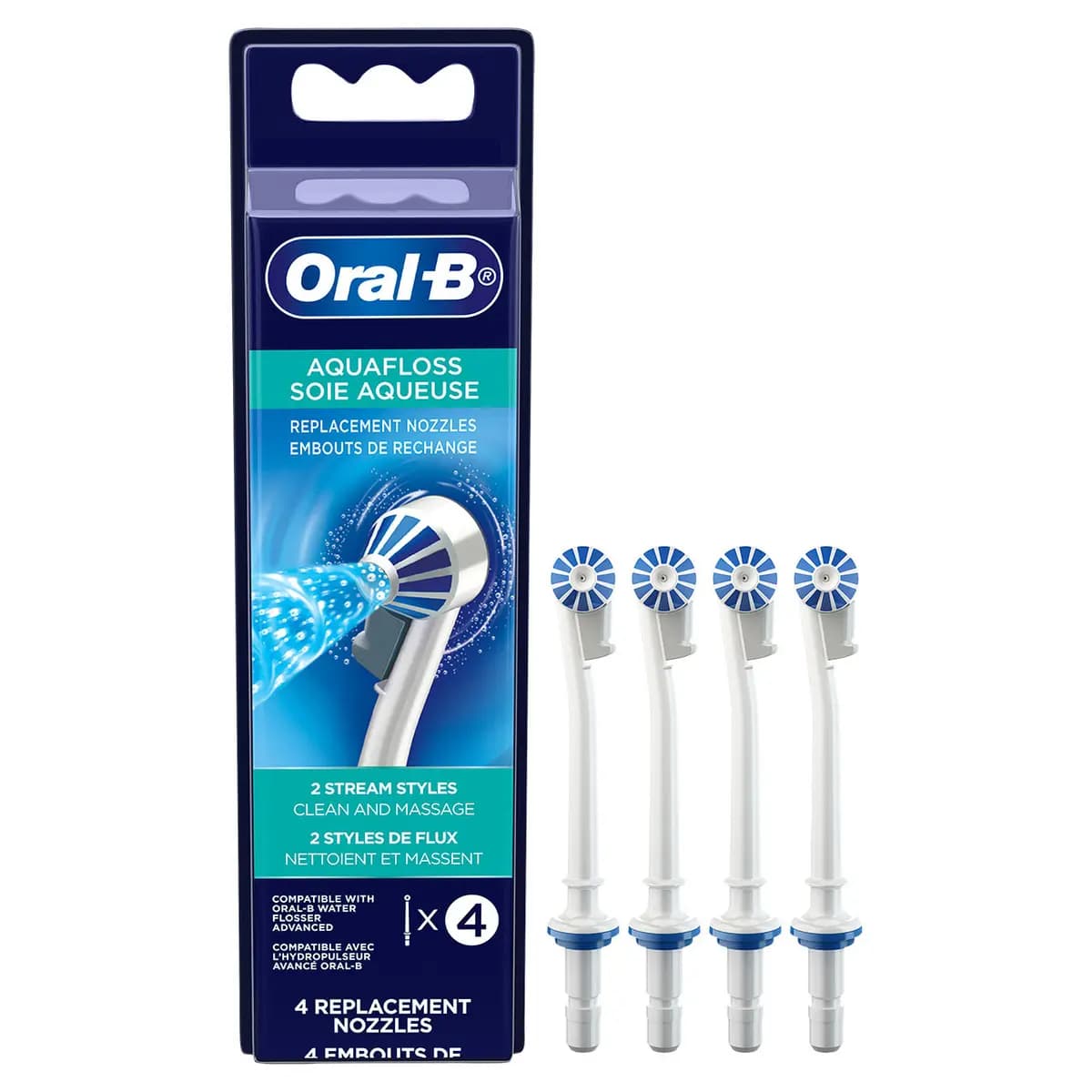 Oral-B Water Flosser Advanced Aquafloss Nozzle, 4 count [2 stream styles to customize your clean, Targets and helps eliminate plaque bacteria for healthier gums, Compatible only wi